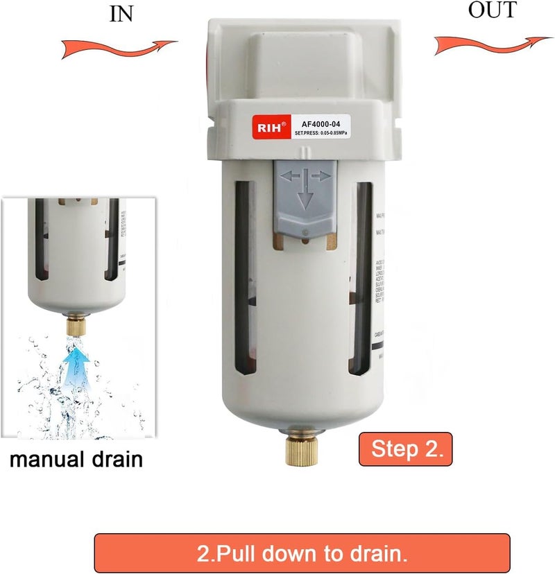 RH 1/2" NPT Air Dryer for Compressor, Air compressor water separator,air compressor filter,AF4000-04 Manual Drain,5 Micron Brass Element, Poly Bowl 0-150 psi 5μm - Image 2